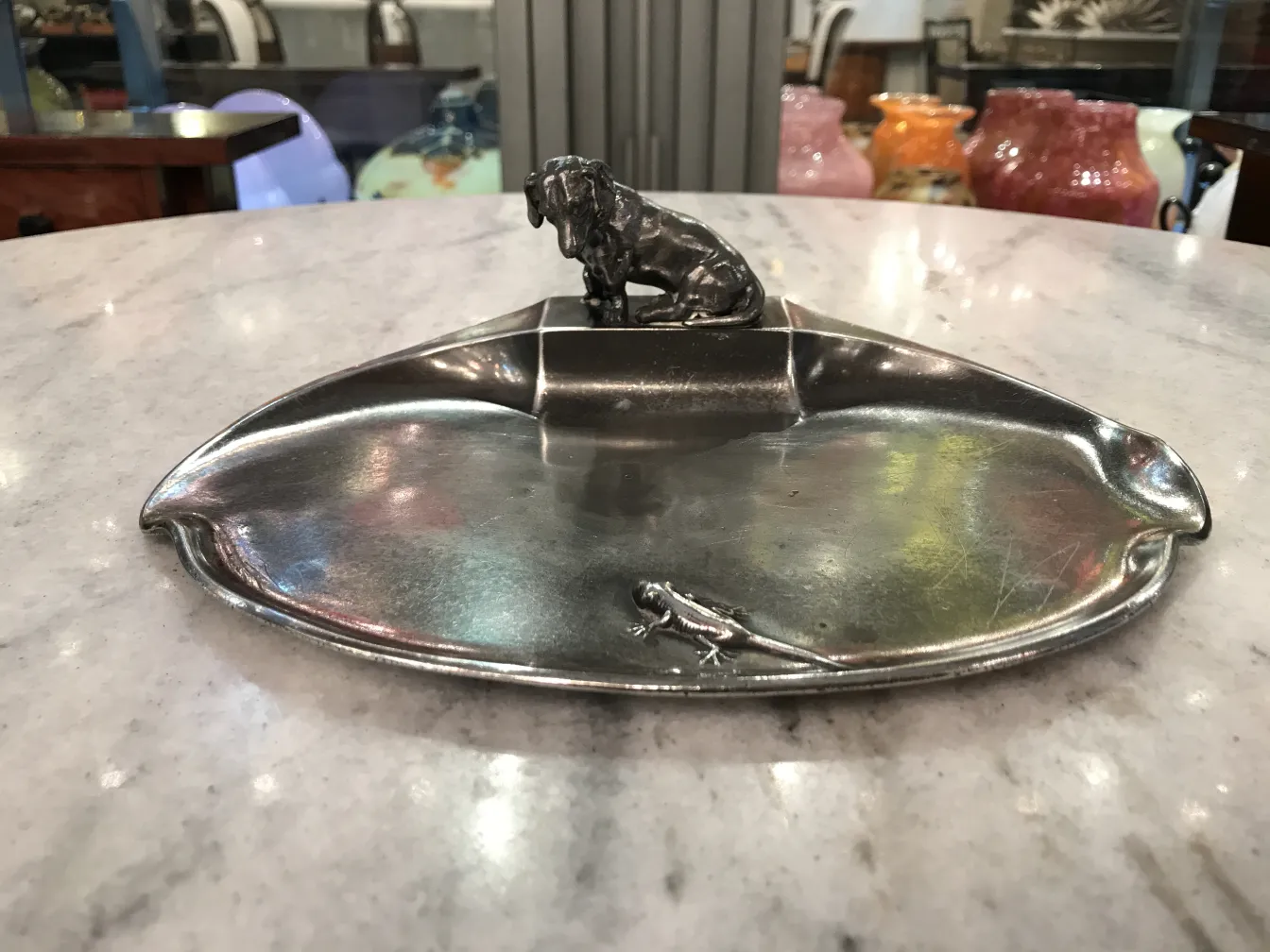 古董卡片托盘wmf带狗和蜥蜴的装饰