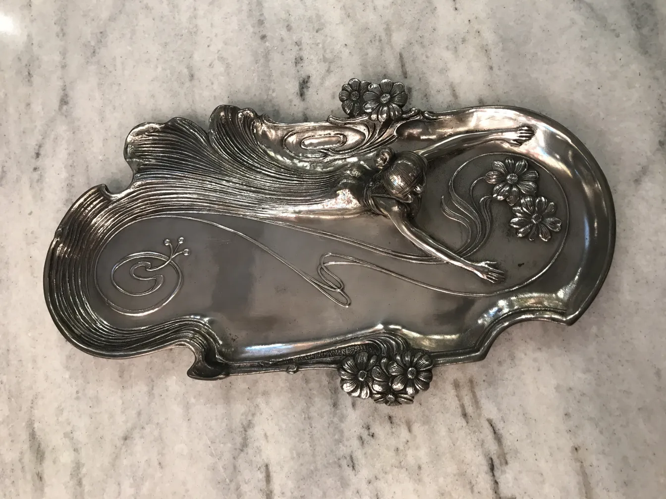 antique card tray WMF with floral details and female figure