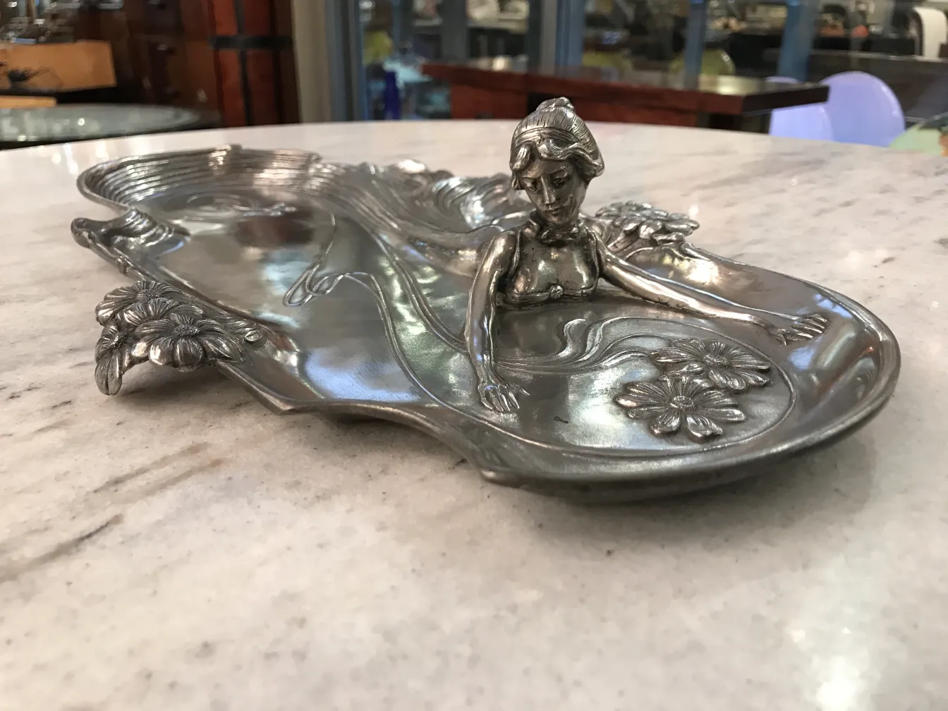 Antique card tray WMF with floral design and figure