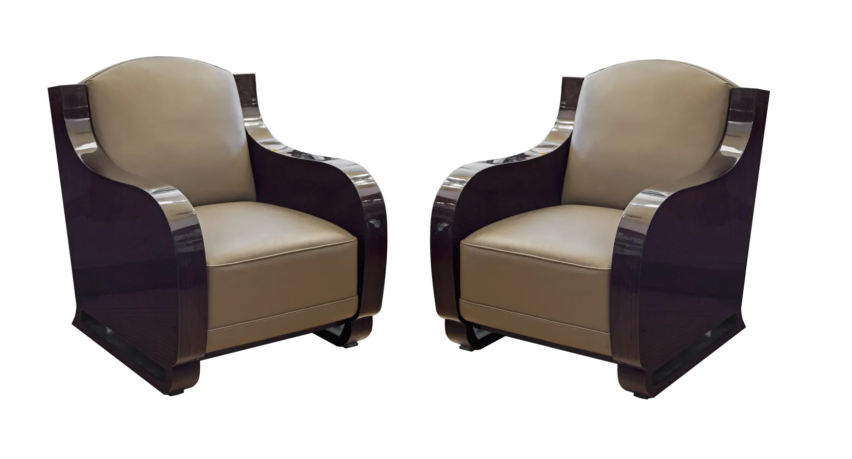 Two antique armchairs with elegant design, upholstered in soft tones, in a bright environment.