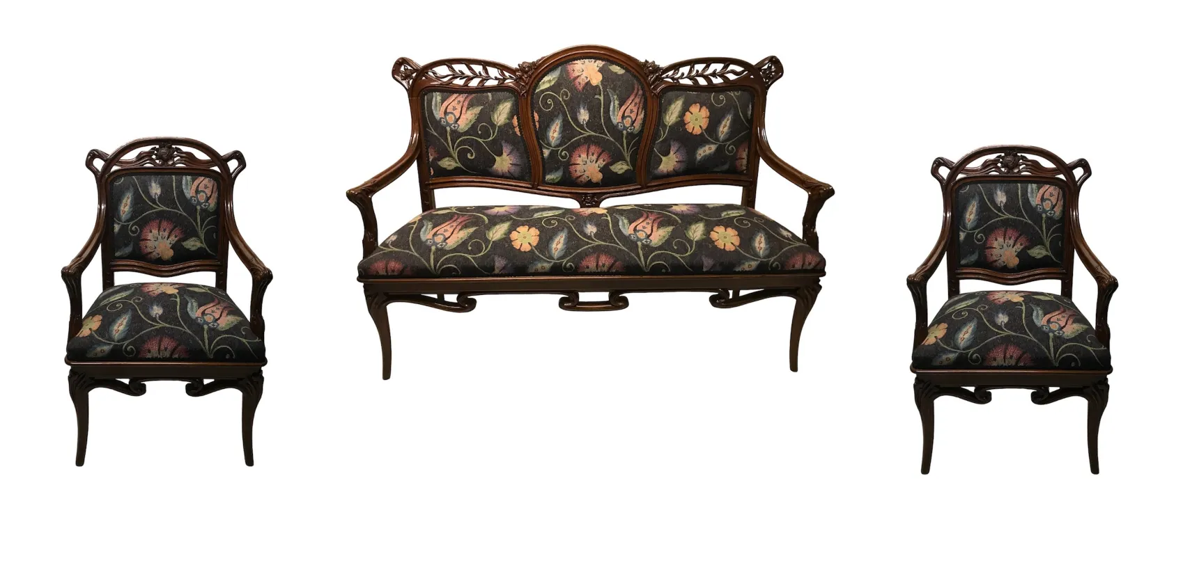 Set di 3 poltrone antiche art nouveau con design floreale