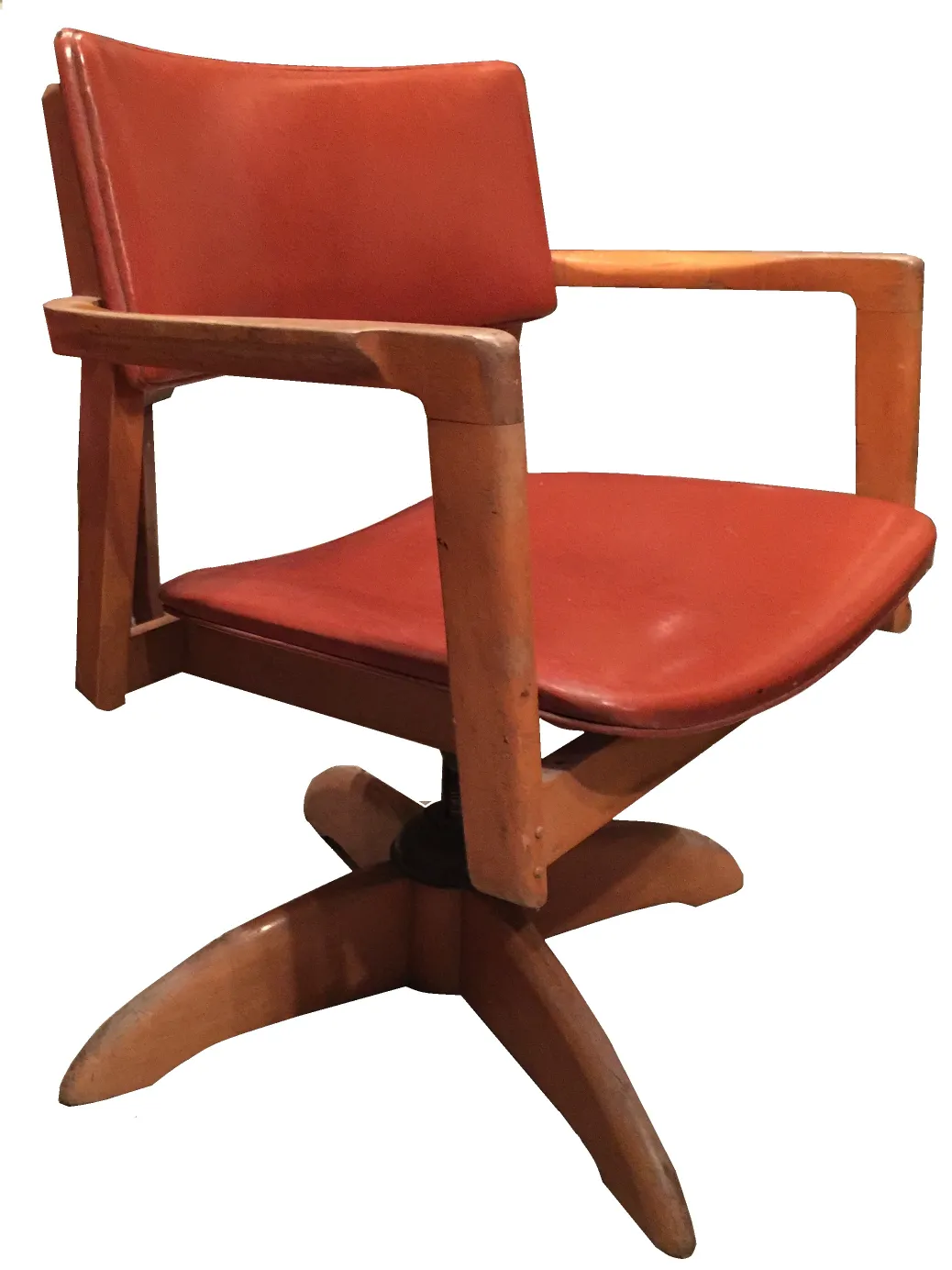 Antiker Bürosessel mit Armlehnen und 5-Punkt-Basis, rote Farbe.