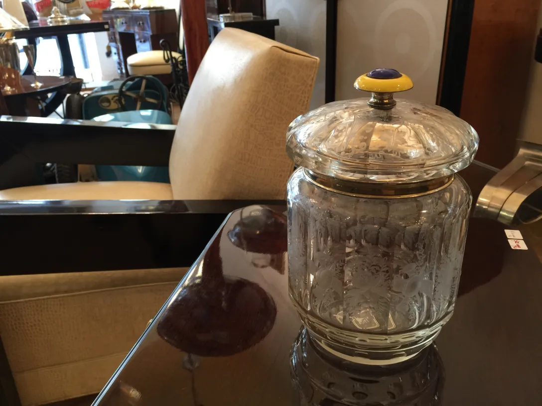 antique glass candy box with yellow lid