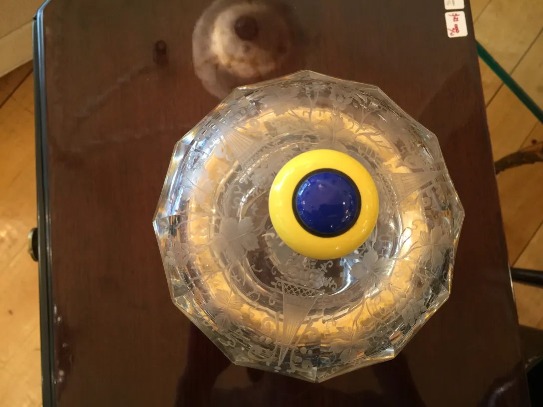 Antique candy box with a blue and yellow lid, decorated in glass.