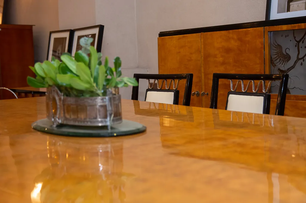 View of 10 antique chairs in a cozy setting with table