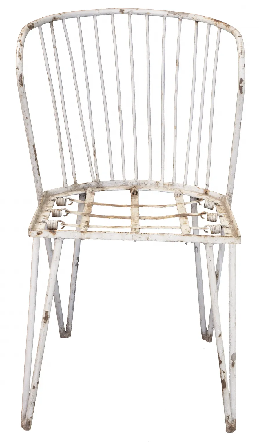 white antique garden chair with bar design and thin legs