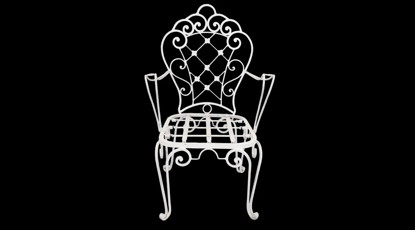 Sillones de jardín antiguos blancos con diseño elegante, decorados con formas suaves, perfectos para exteriores.