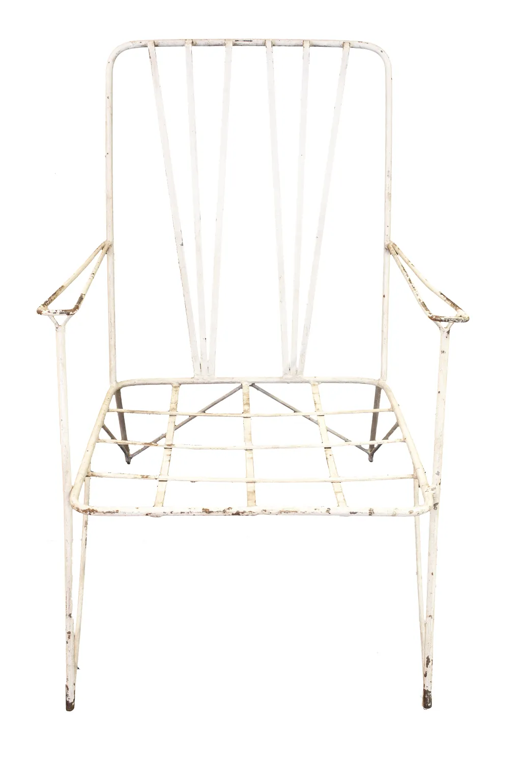 Antique garden armchairs with white metal frame on neutral background