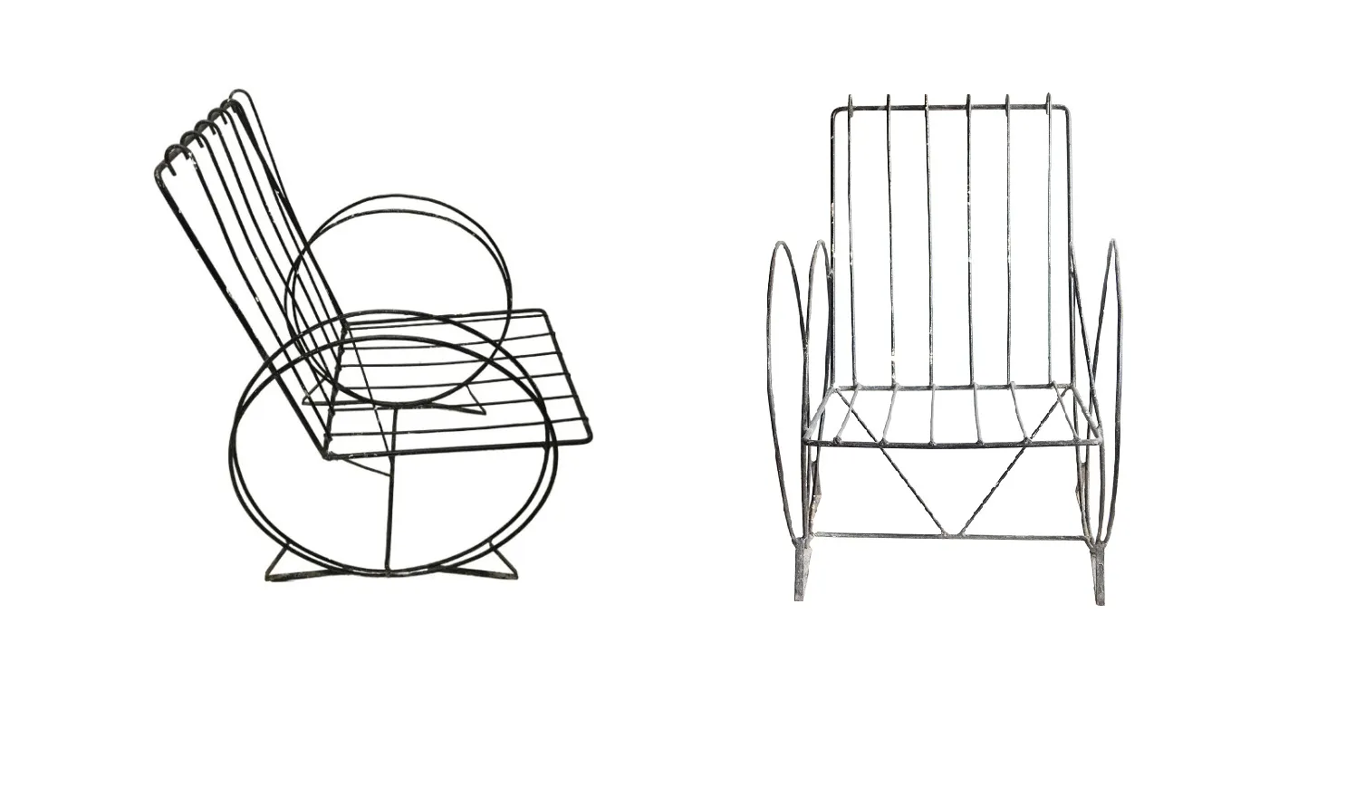 deux fauteuils de jardin anciens avec un design frappant, l'un avec un dossier horizontal et l'autre vertical