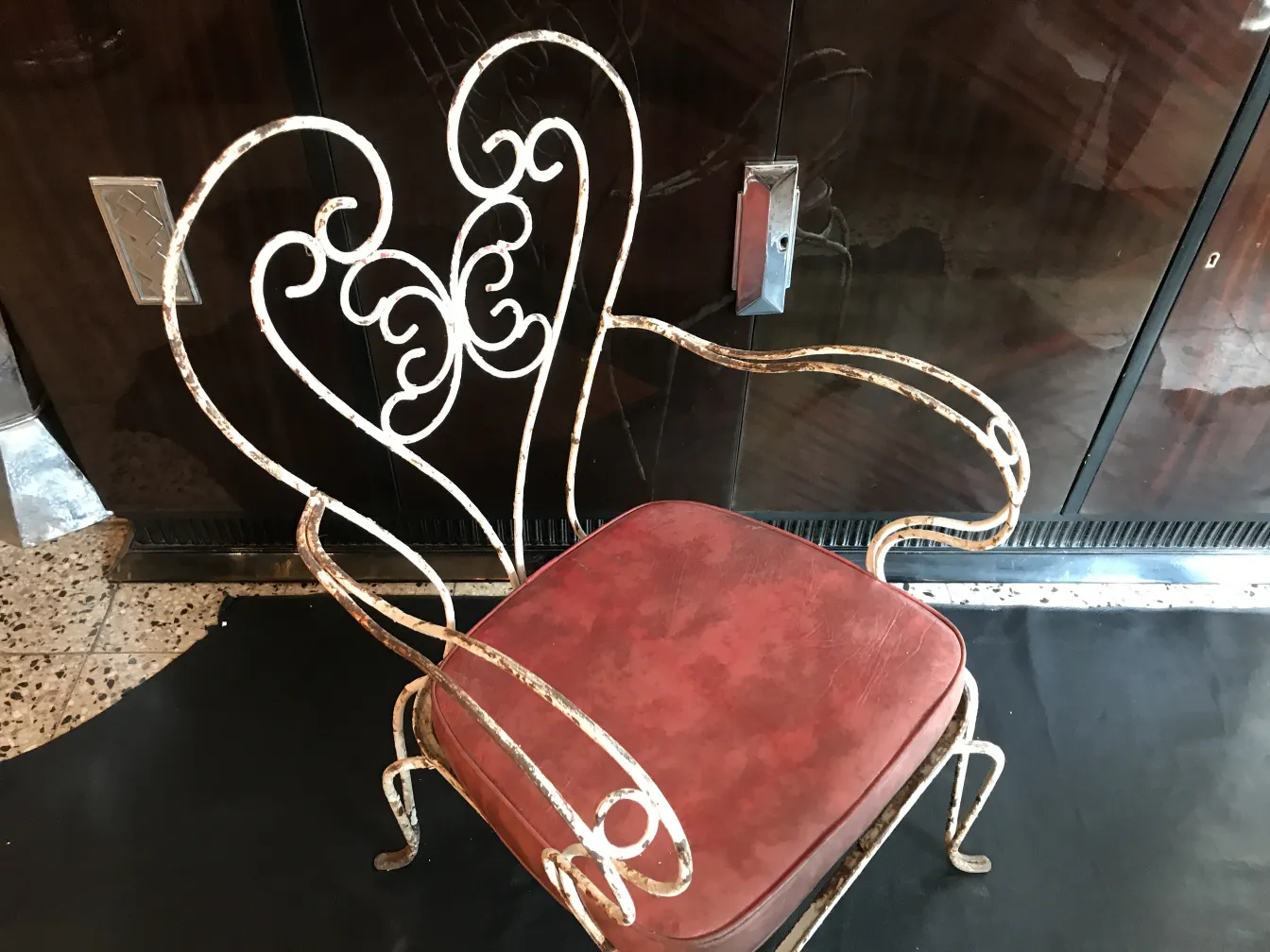 3 antique garden armchairs with decorative backrest and red cushion