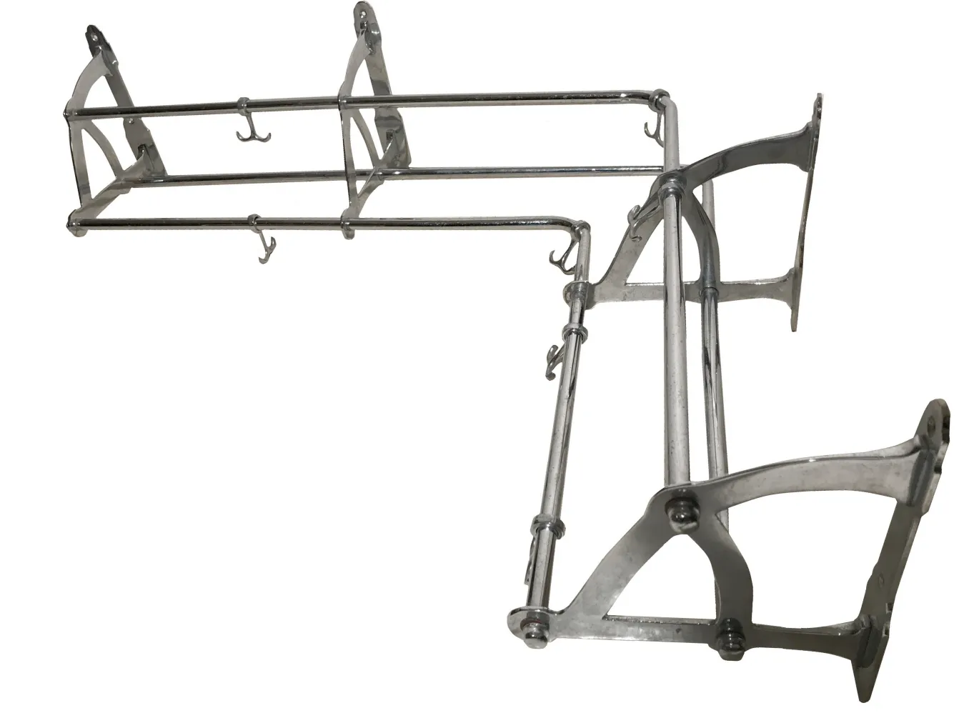 Portemanteau ancien avec design structurel et plusieurs crochets, dans un cadre neutre