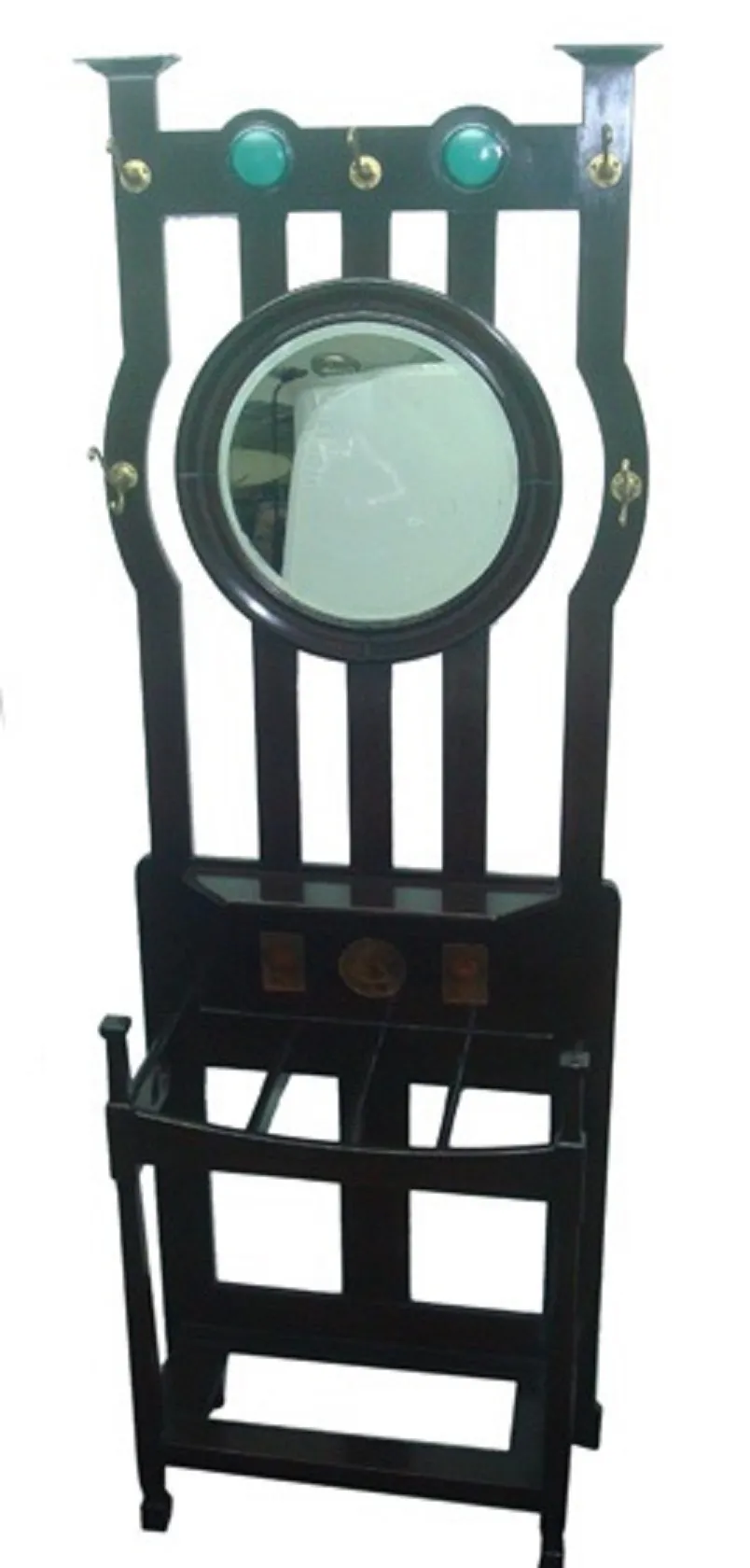 antique coat rack with mirror and decorative hooks, wylie and lochhead