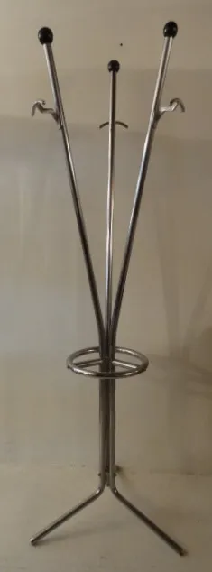 antique coat rack with three hooks and circular base