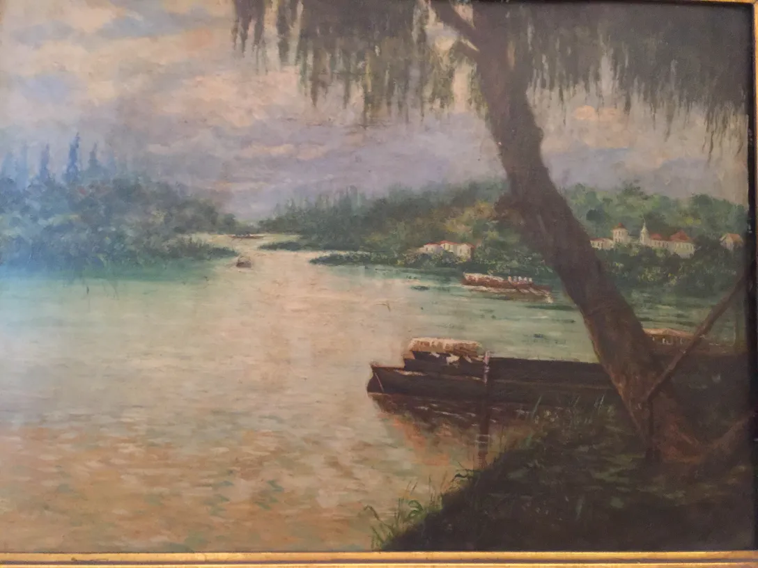 antikes gemälde einer landschaft mit fluss und bäumen