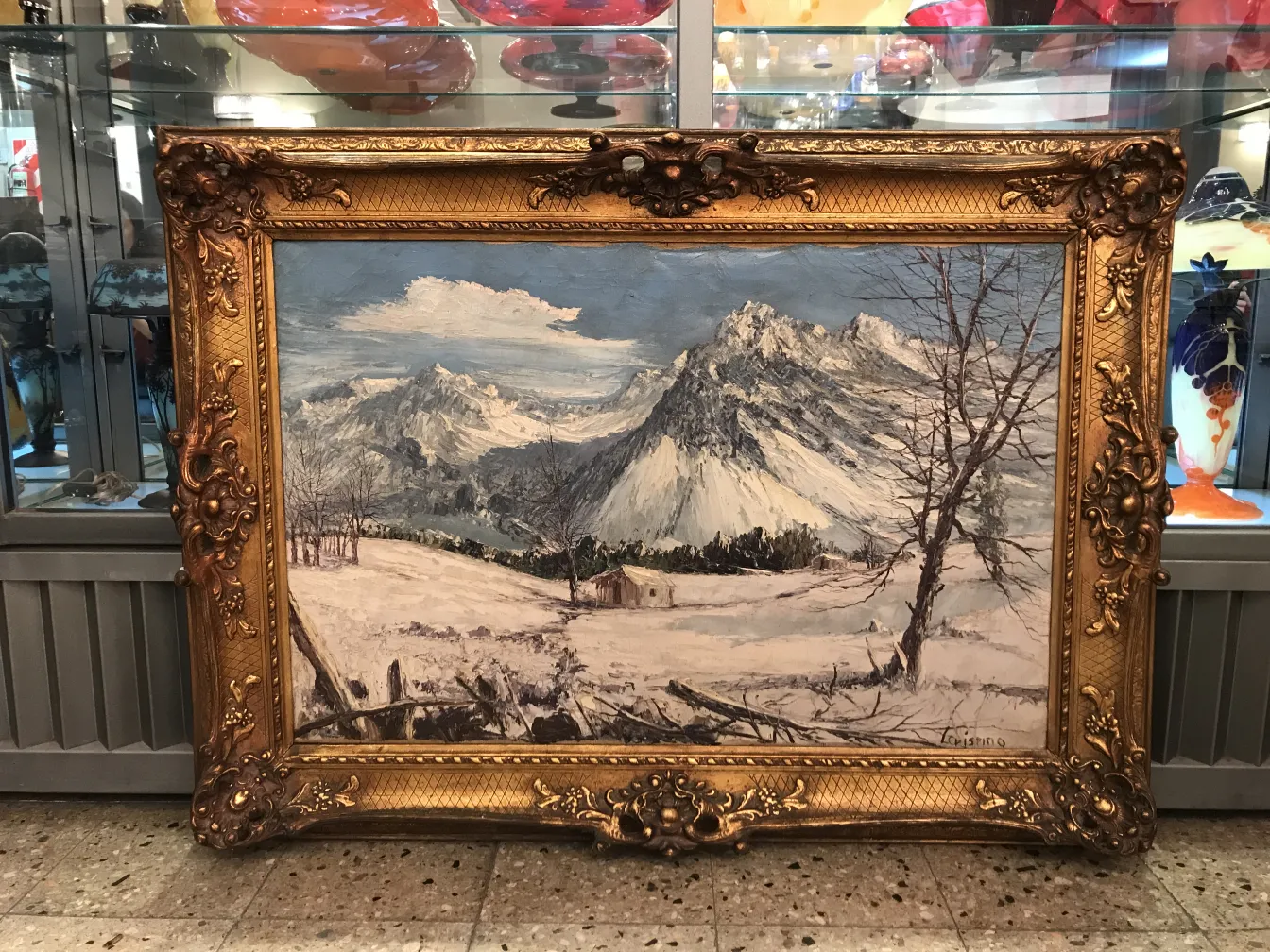 peinture antique représentant des paysages montagneux avec cadre doré