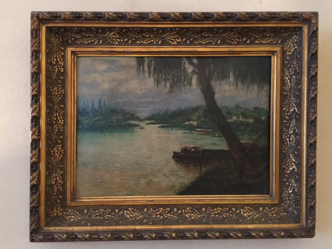 peinture ancienne de paysage avec mer et arbres