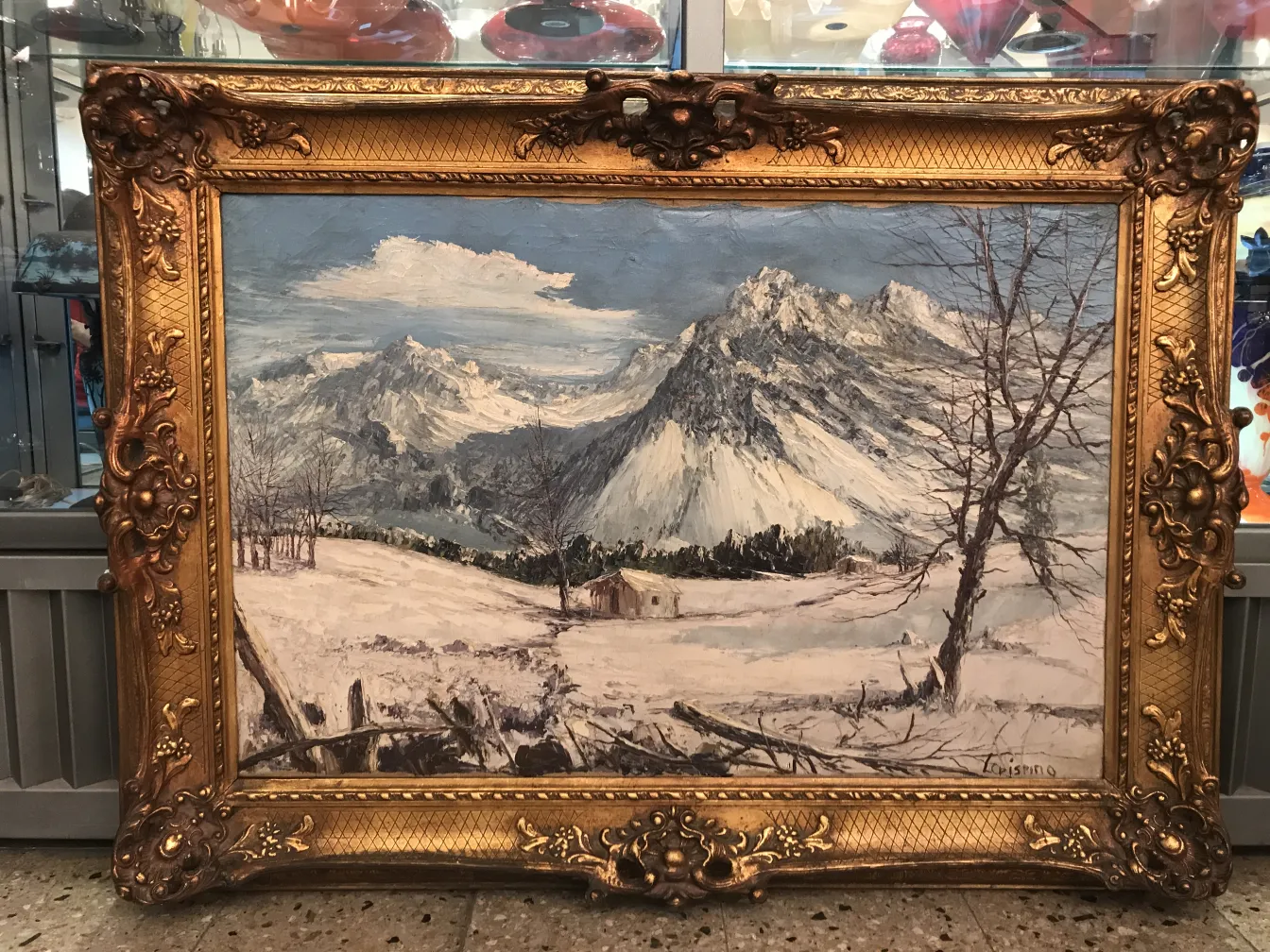 古董冬季风景画，有被雪覆盖的山脉