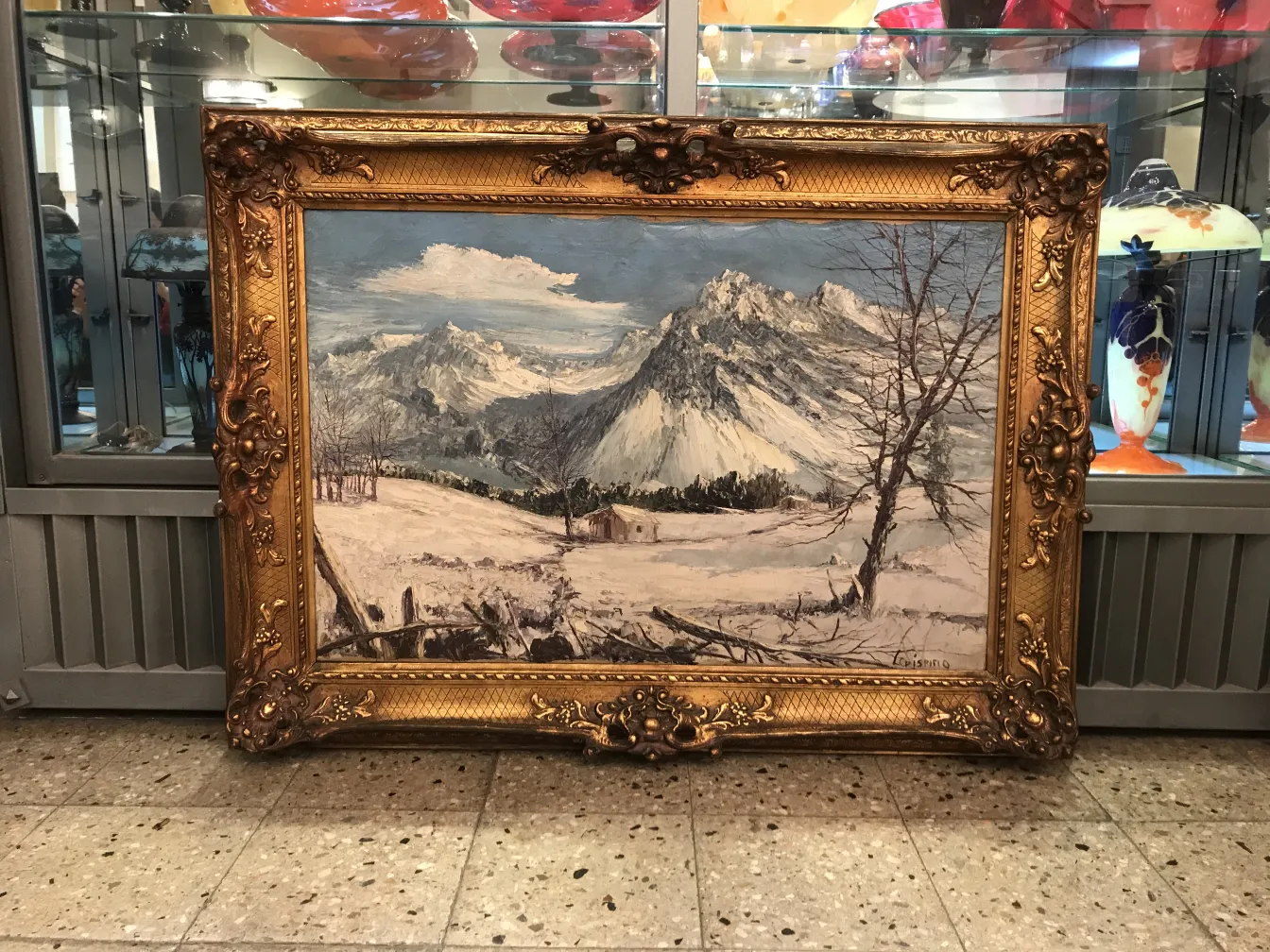 古董绘画Crispino雪景，金色边框。