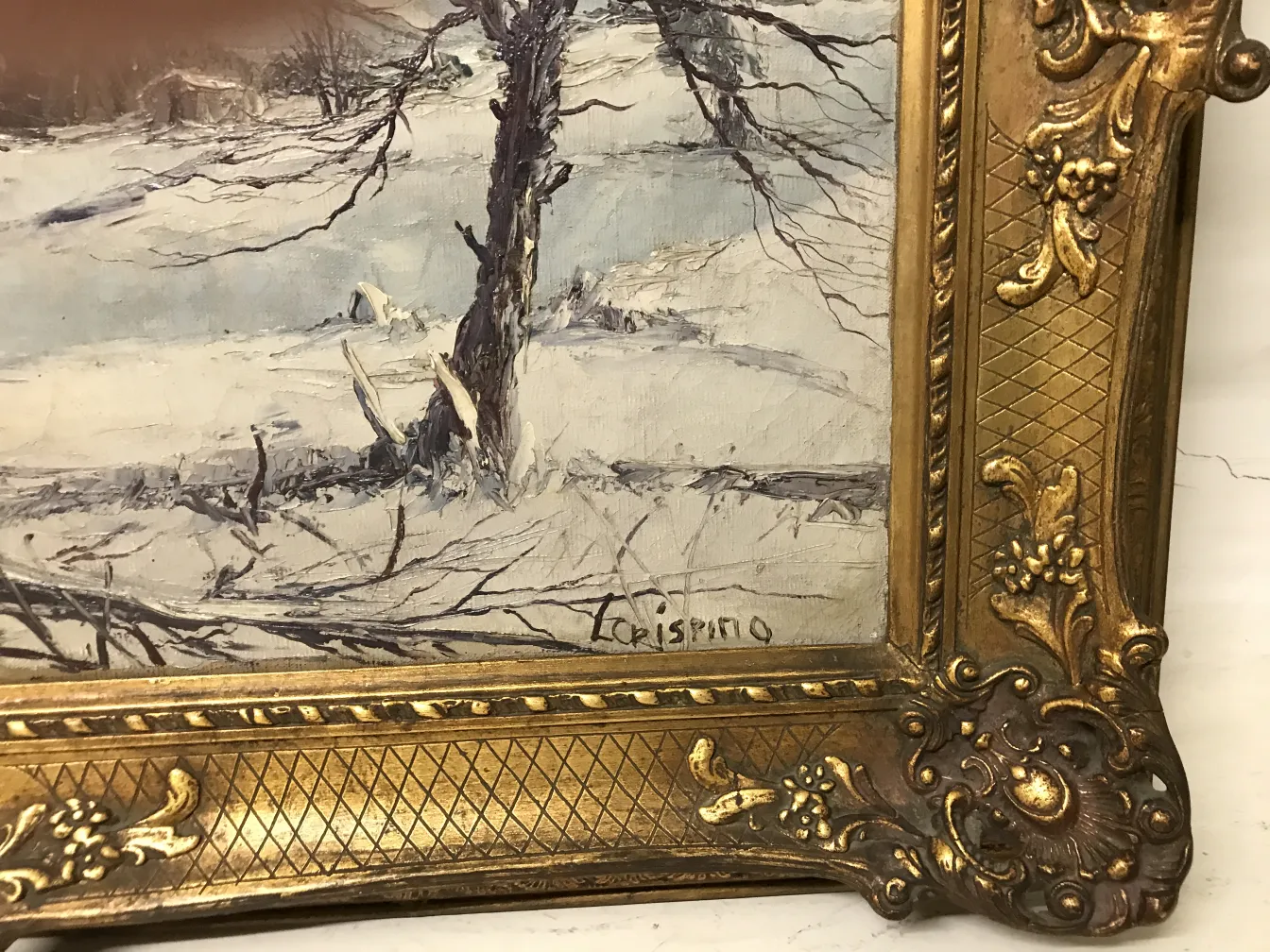 Pintura Crispino antigua que muestra un paisaje nevado