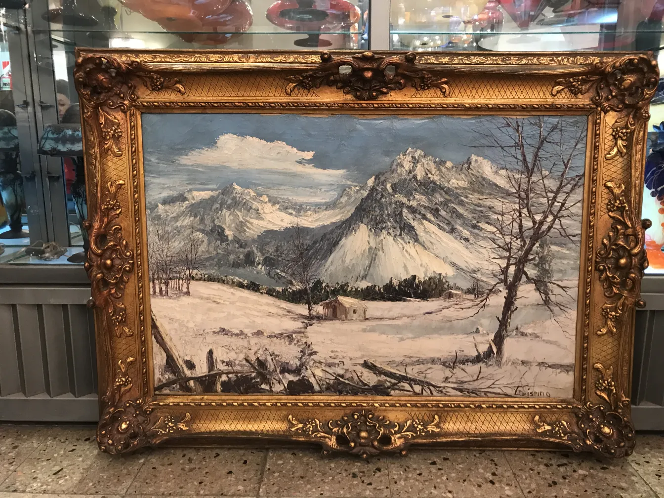 Antique painting by Luis Crispino featuring a snowy mountain landscape