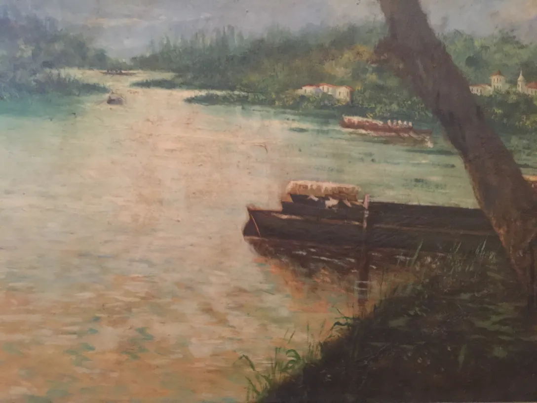 pintura antigua Crispino de un paisaje natural con agua