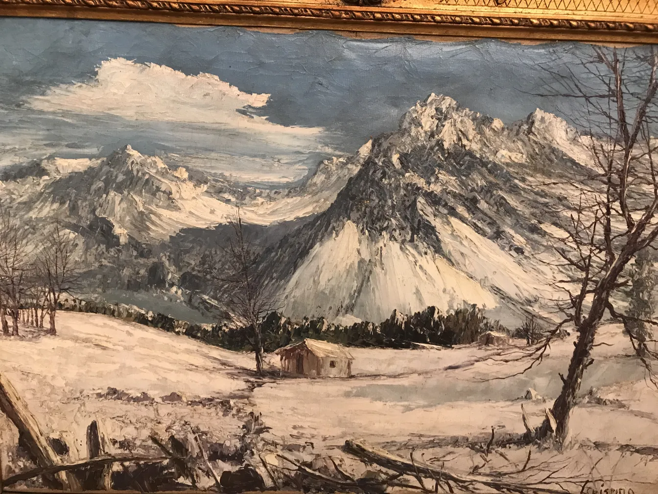 pintura antiga de Luis Crispino com uma paisagem nevada e montanhas