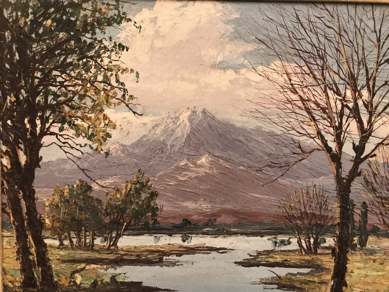 Peinture ancienne de paysage avec arbres et montagnes.