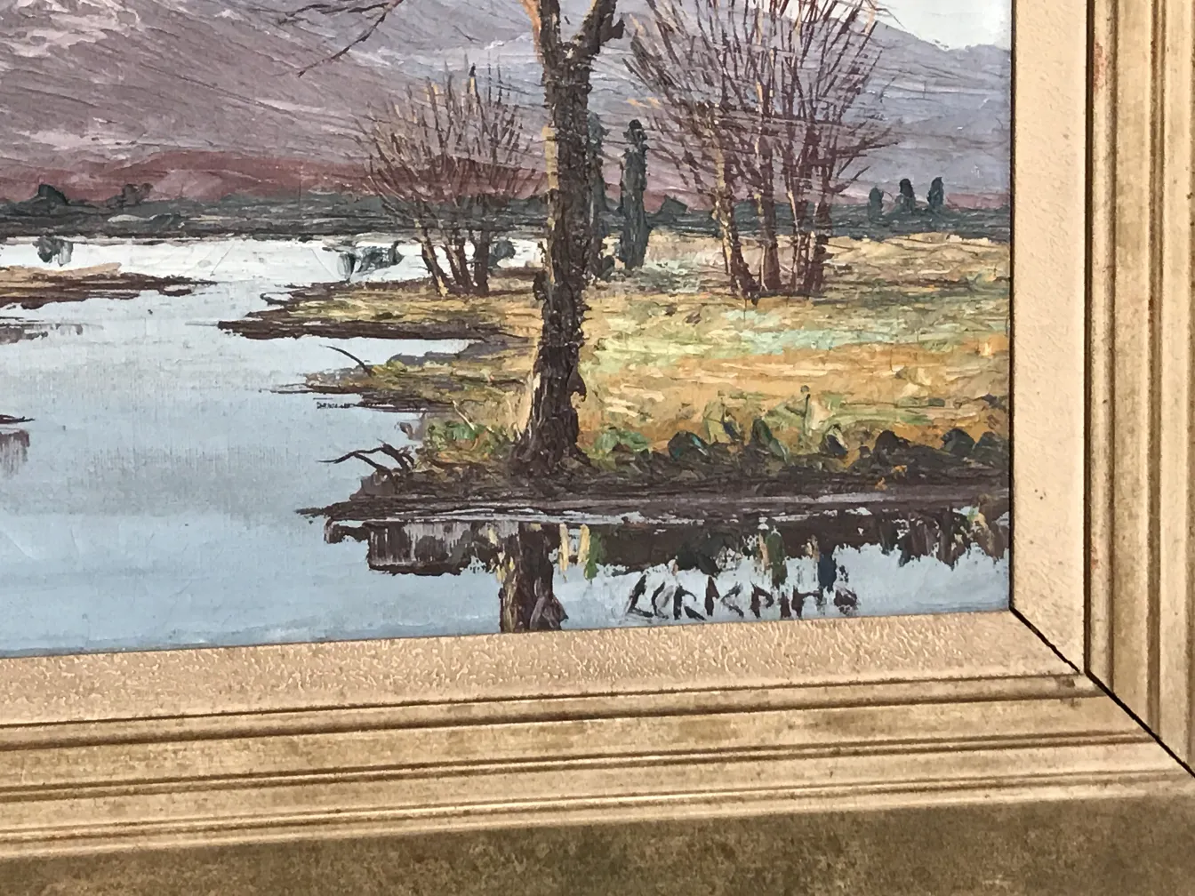 Peinture Crispino d'un paysage naturel avec de l'eau et des arbres