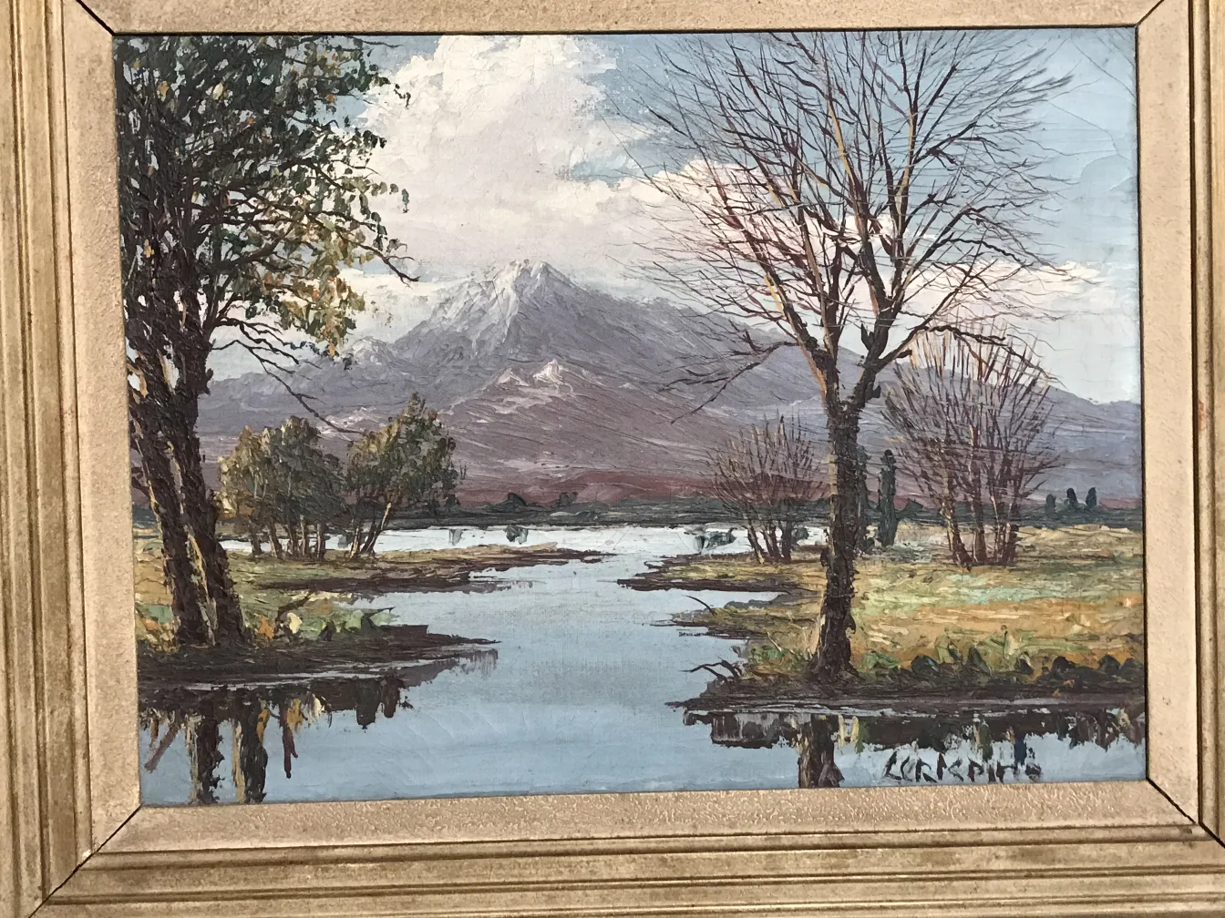 Antiga pintura Crispino de paisagem com árvores e água.