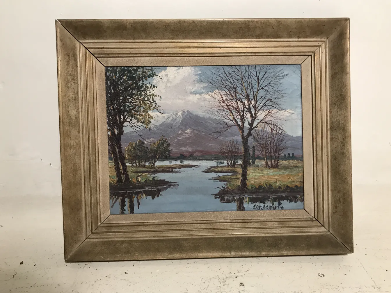 pintura antigua de paisaje con árboles y agua