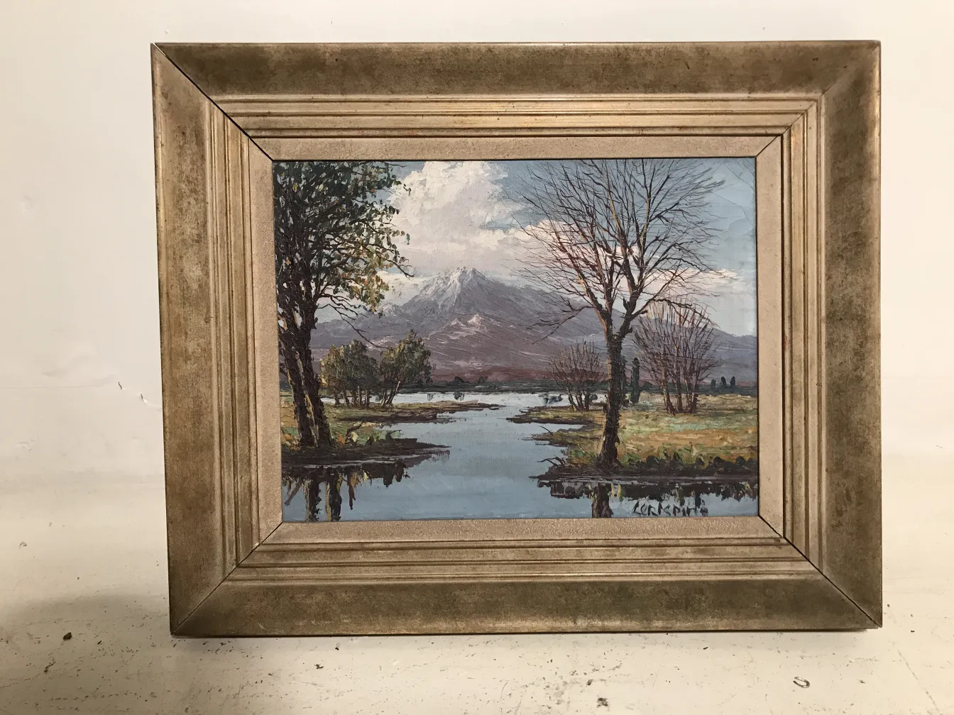 古老的绘画 Crispino，描绘风景、树木和湖泊