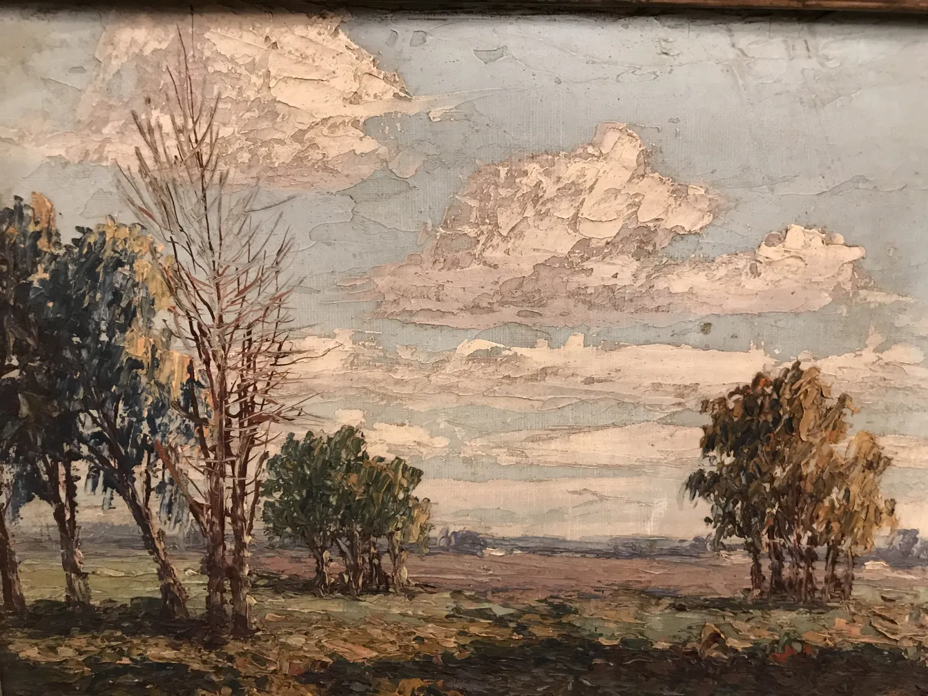 antique painting of landscape with trees and blue sky