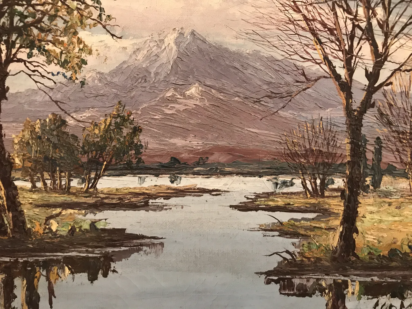 pintura antiga Crispino de paisagem com árvores e água