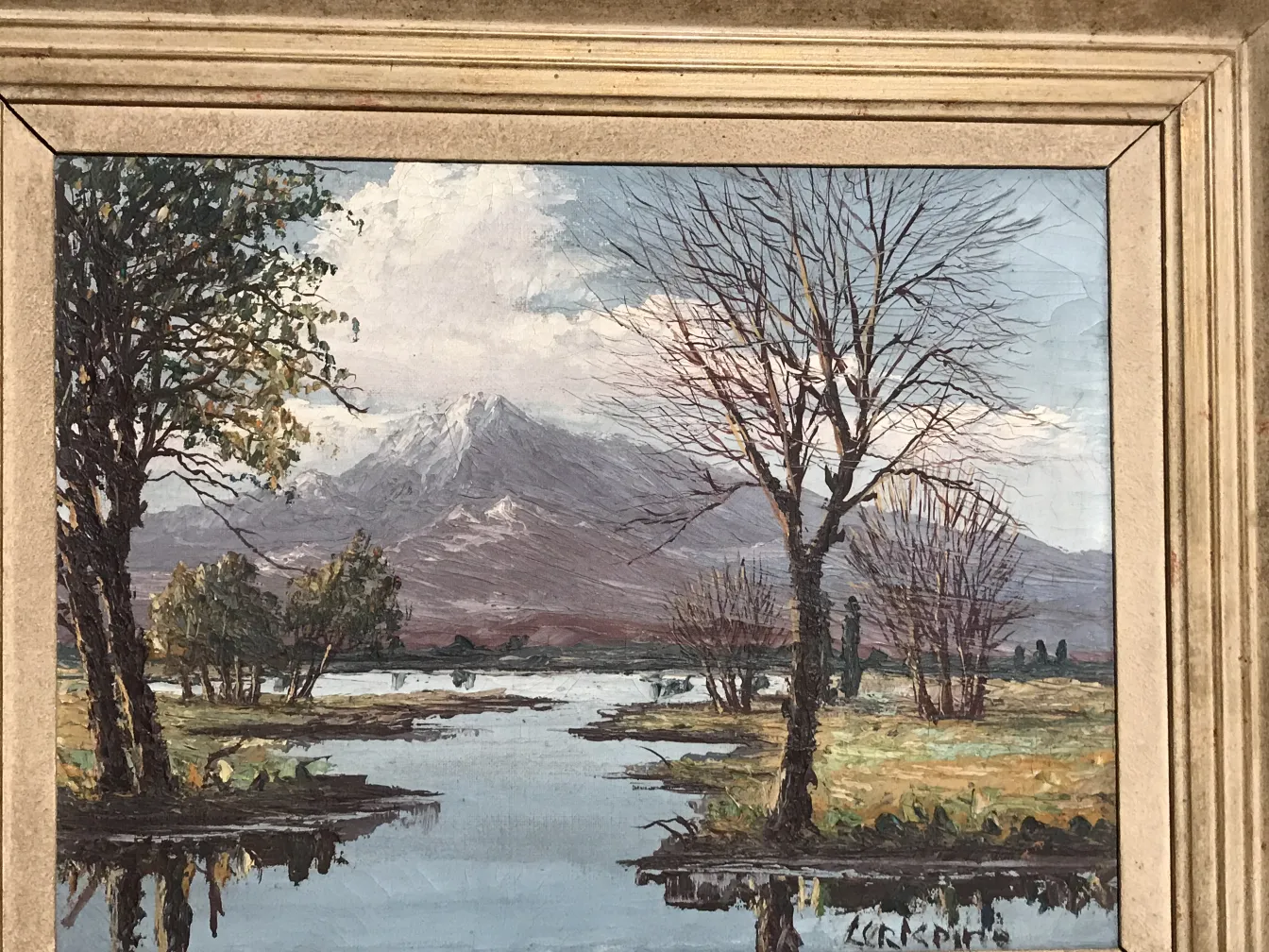 dipinto crispino con paesaggio di alberi e acqua