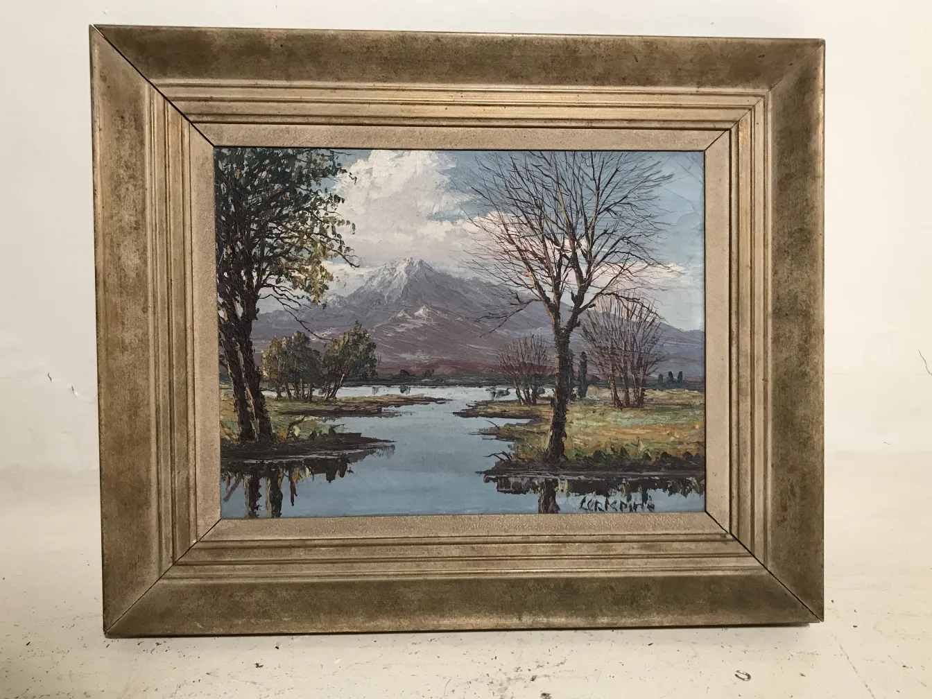 Pintura antigua Crispino de paisaje natural con árboles y agua.