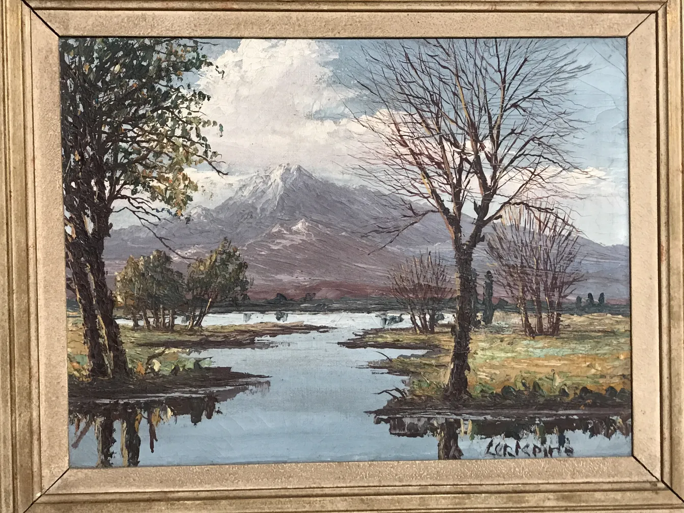 Antique painting of a natural landscape by Crispino featuring trees and water