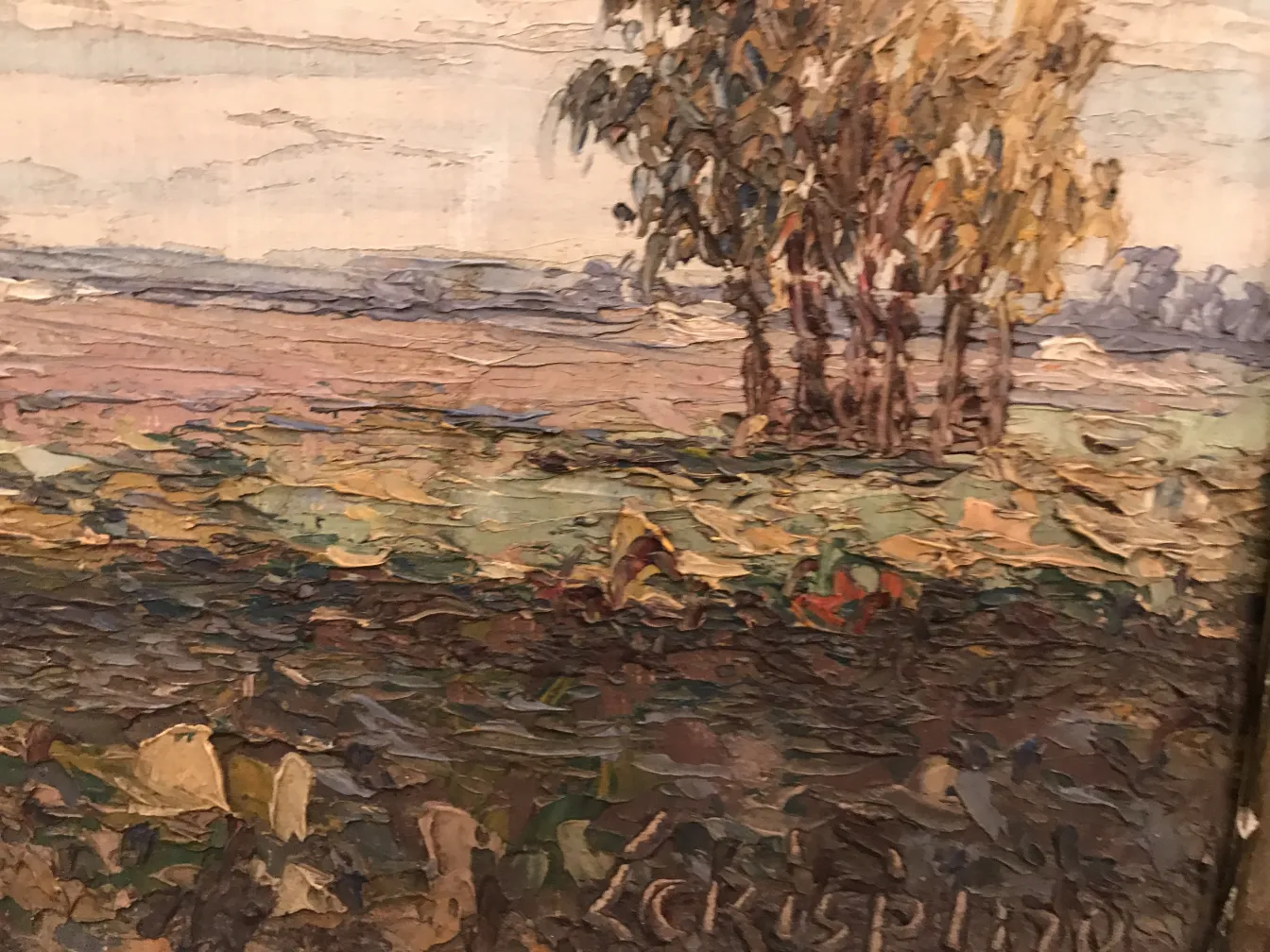 Pintura Crispino antiga de paisagem com árvores e céu