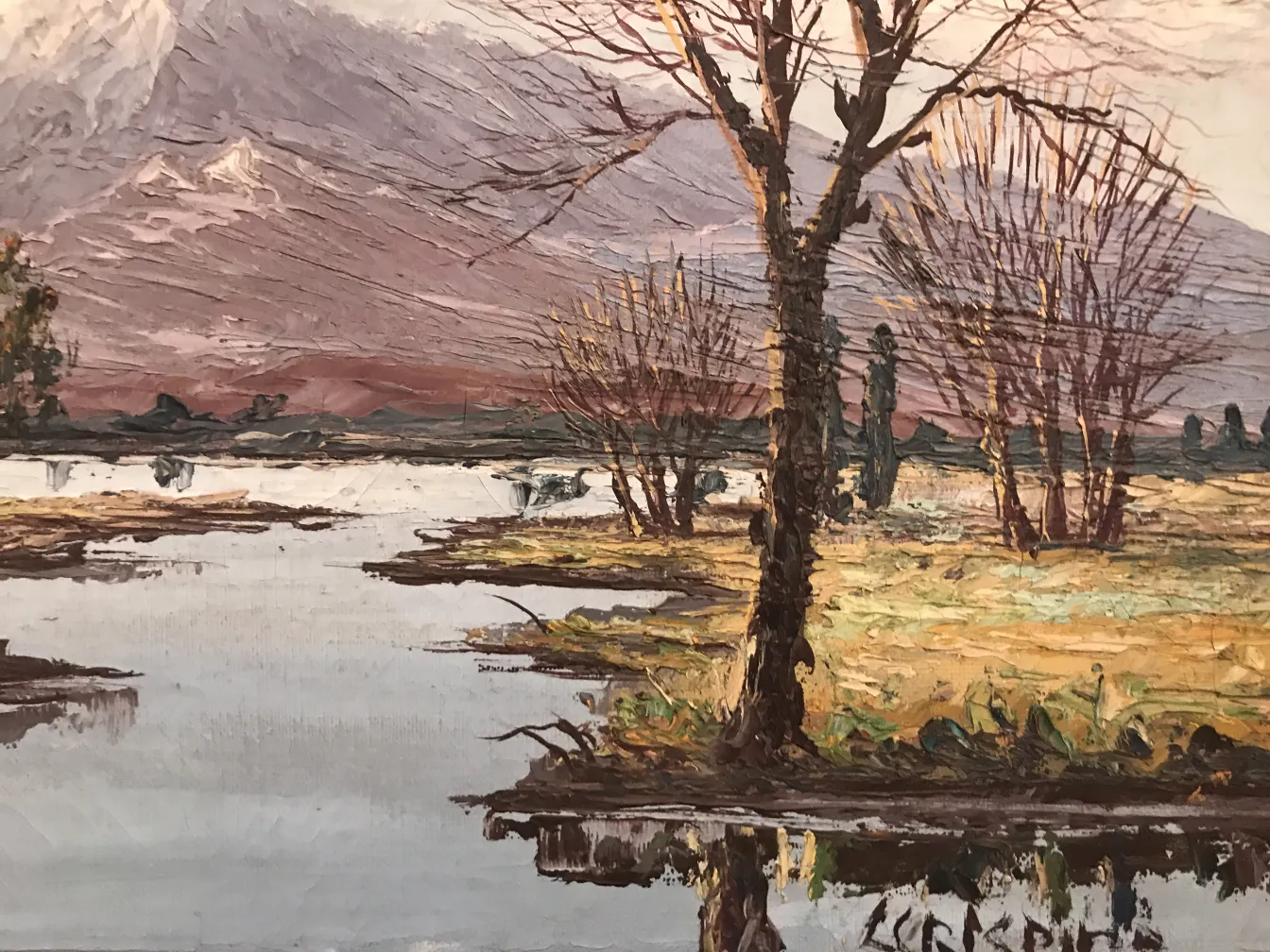 Antique painting Crispino of a landscape with trees and calm water.