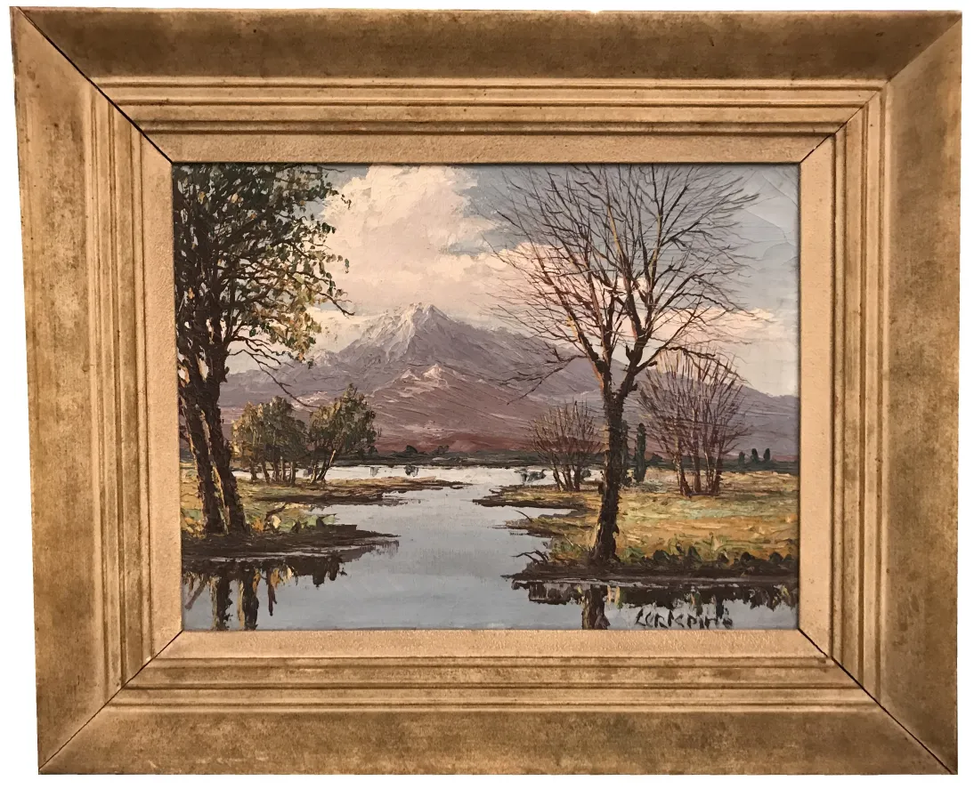 crispino gemälde mit flusslandschaft, bäumen und bergen