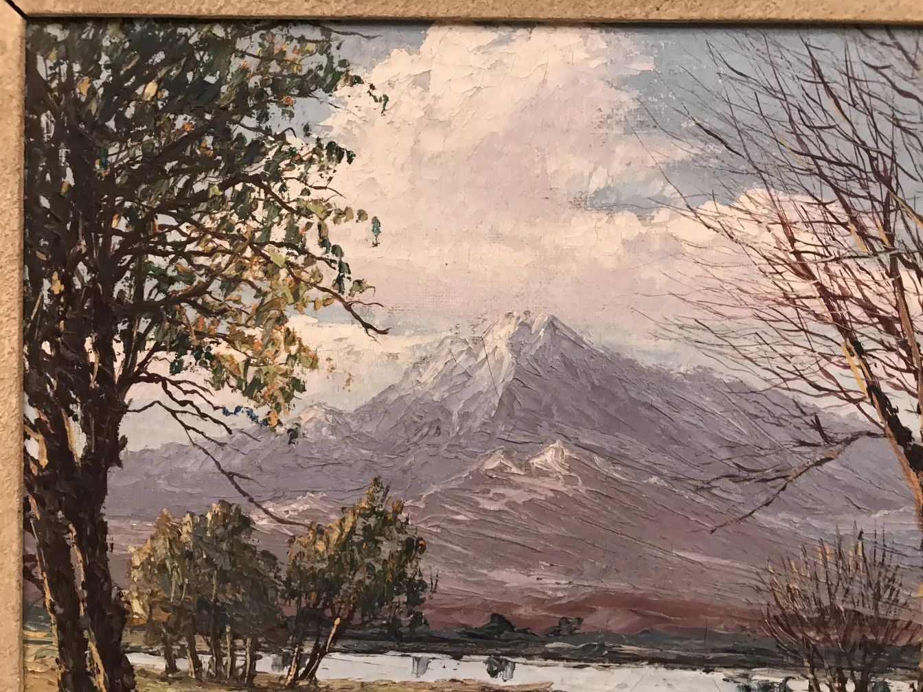 paesaggio montano in antica pittura Crispino con alberi