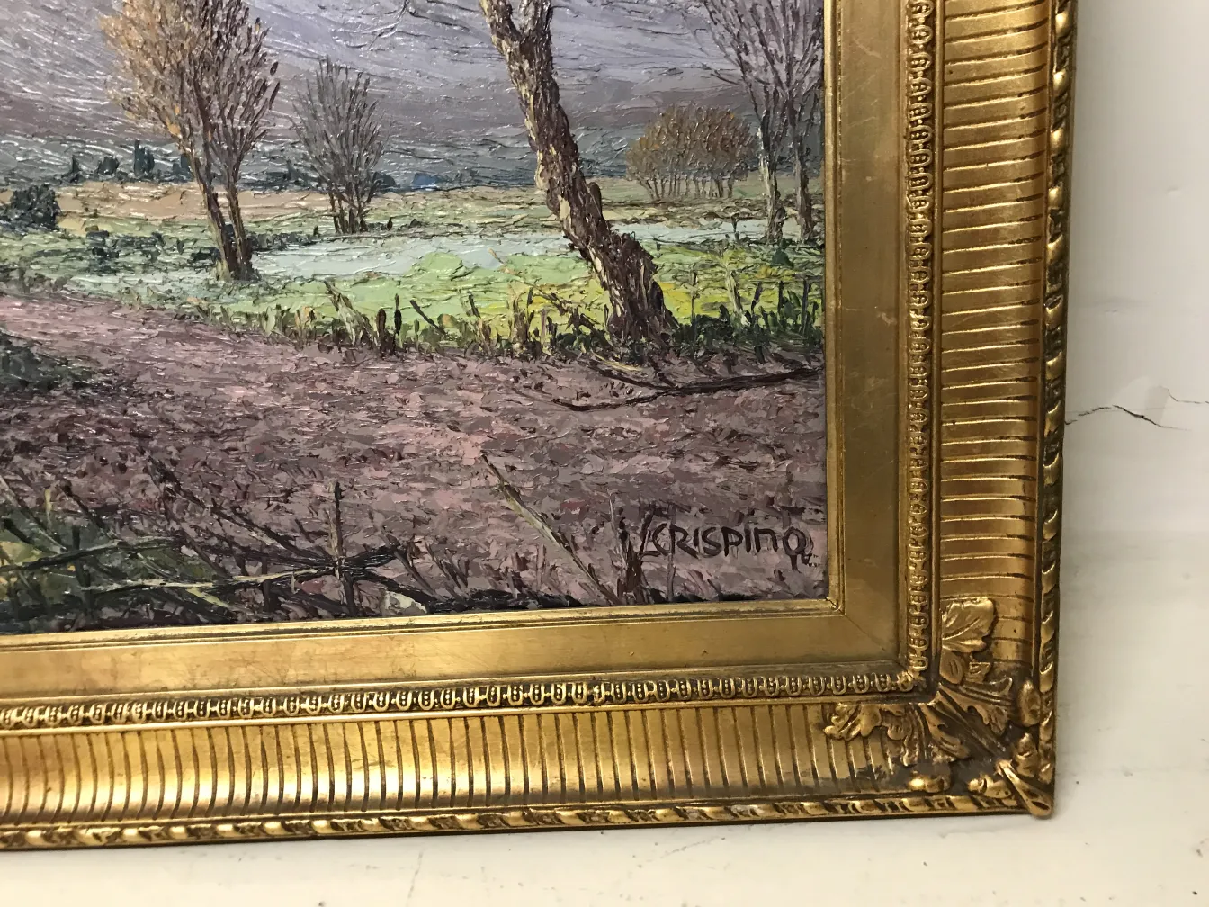 Peinture ancienne Crispino de paysage avec cadre doré