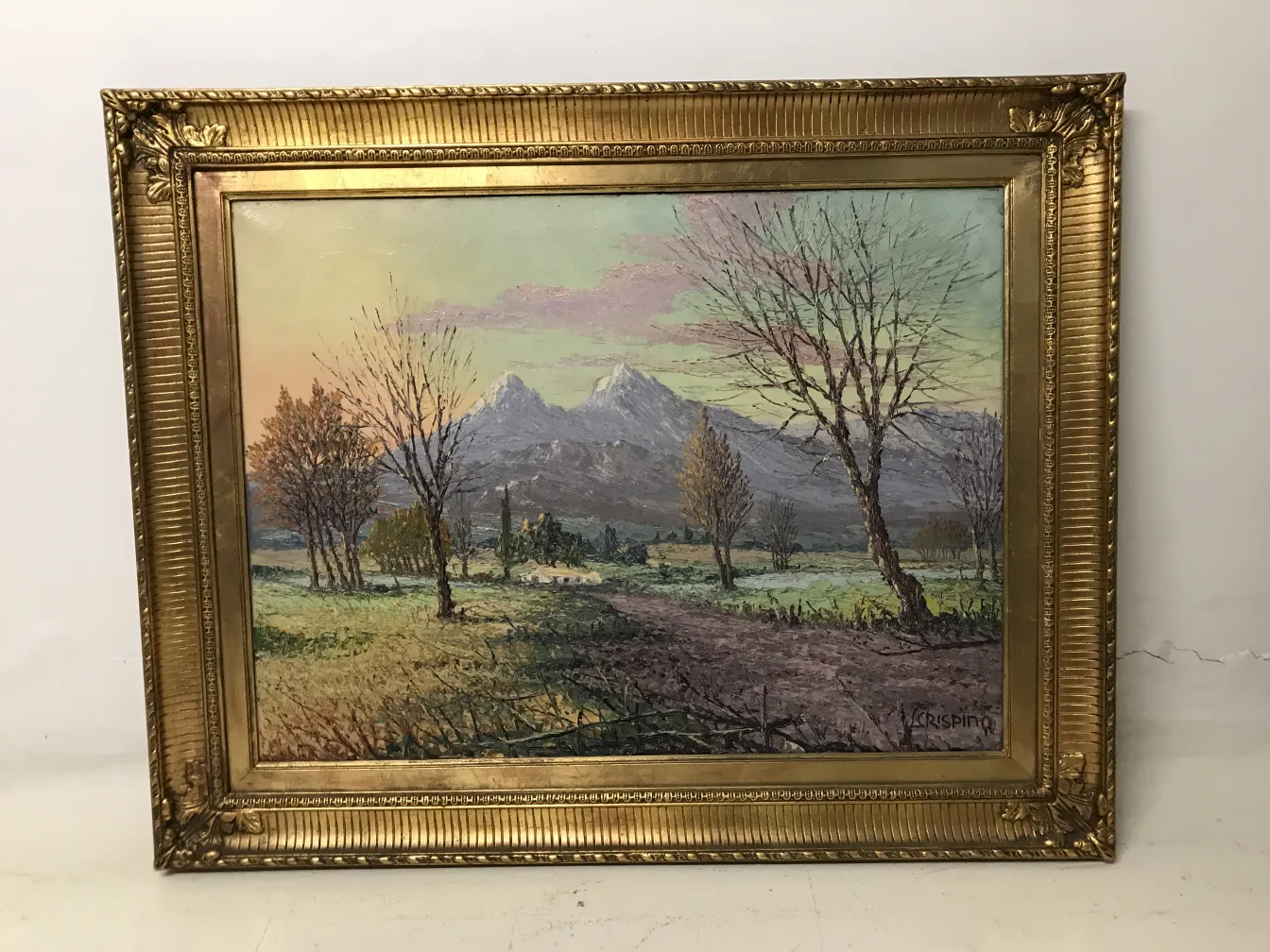 антикварная живопись Crispino с пейзажем и горами.