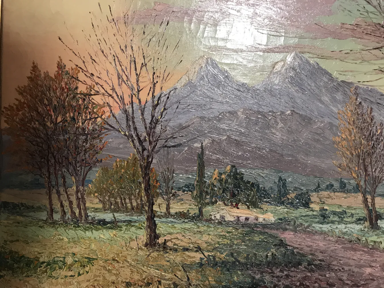 antica pittura di paesaggio con alberi e montagne