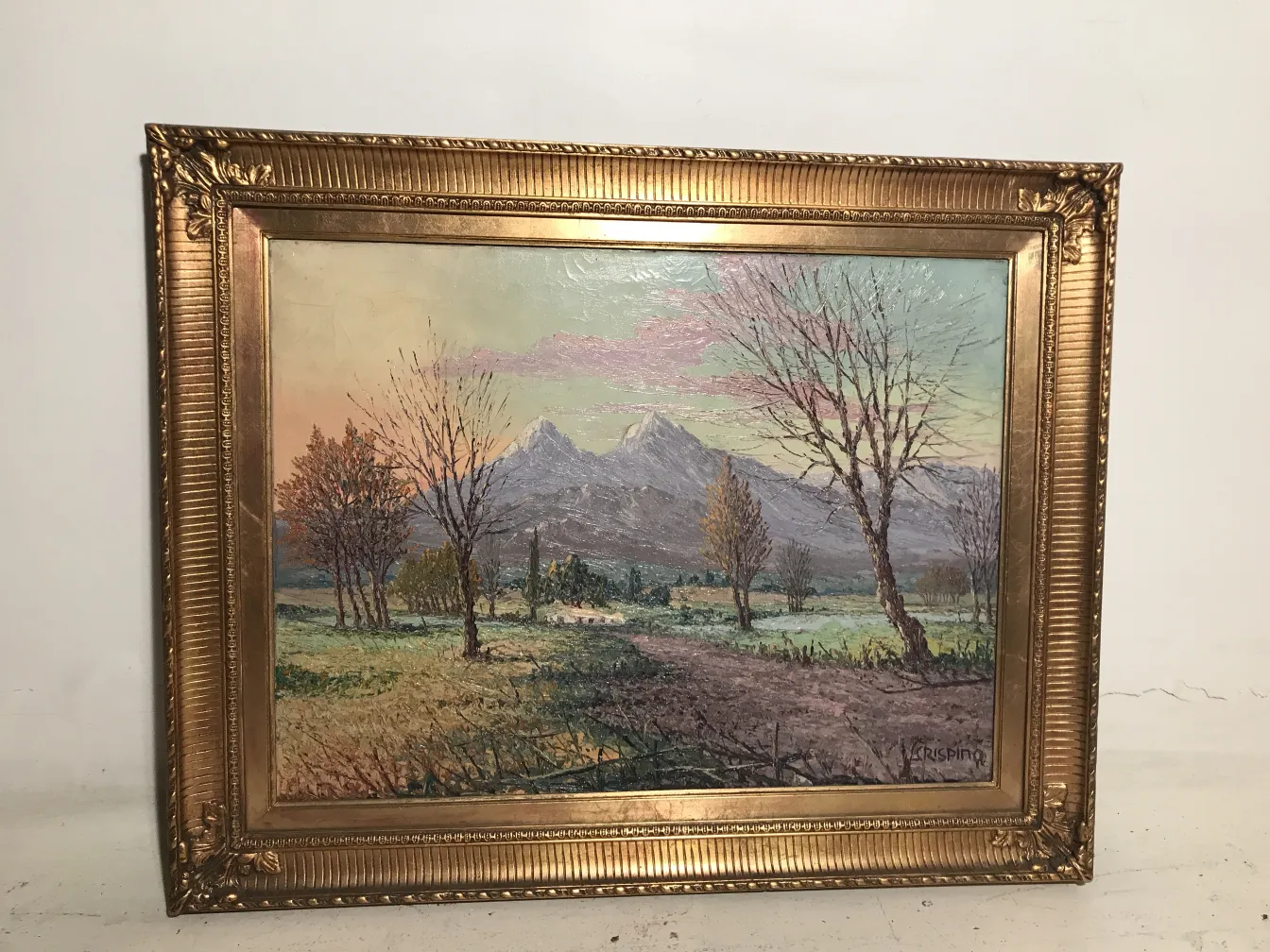 antiquità dipinto crispino con paesaggio montano e alberi