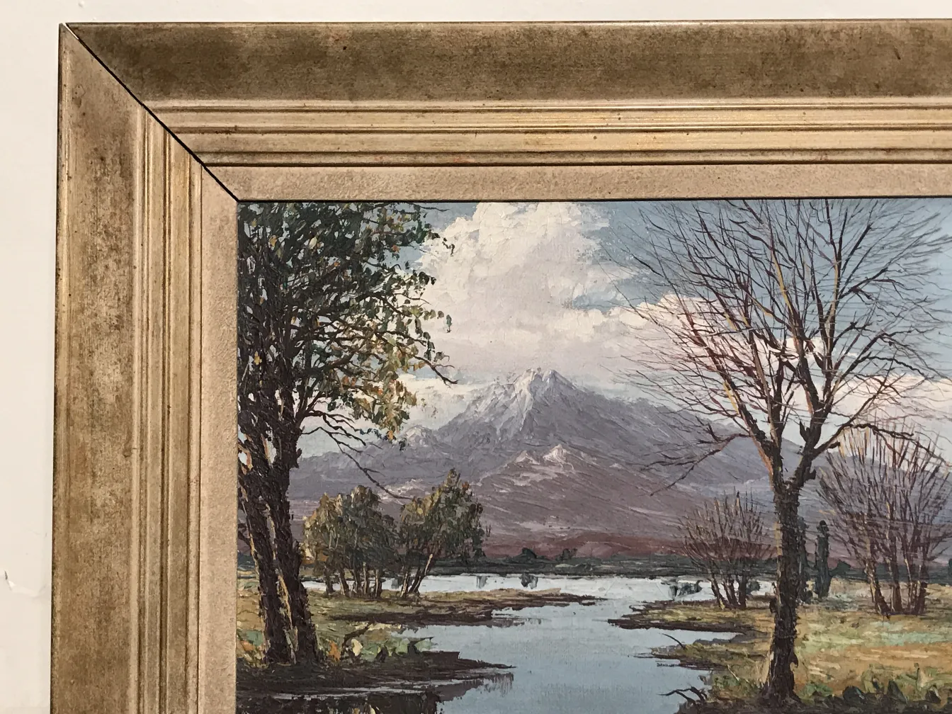 Peinture ancienne Crispino représentant un paysage naturel avec des montagnes et une rivière.