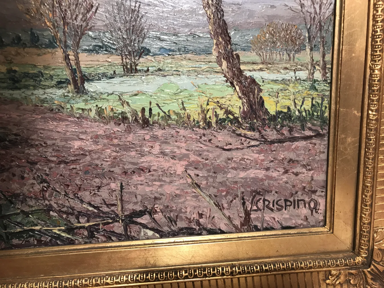 Antiga pintura Crispino de uma paisagem com árvores.