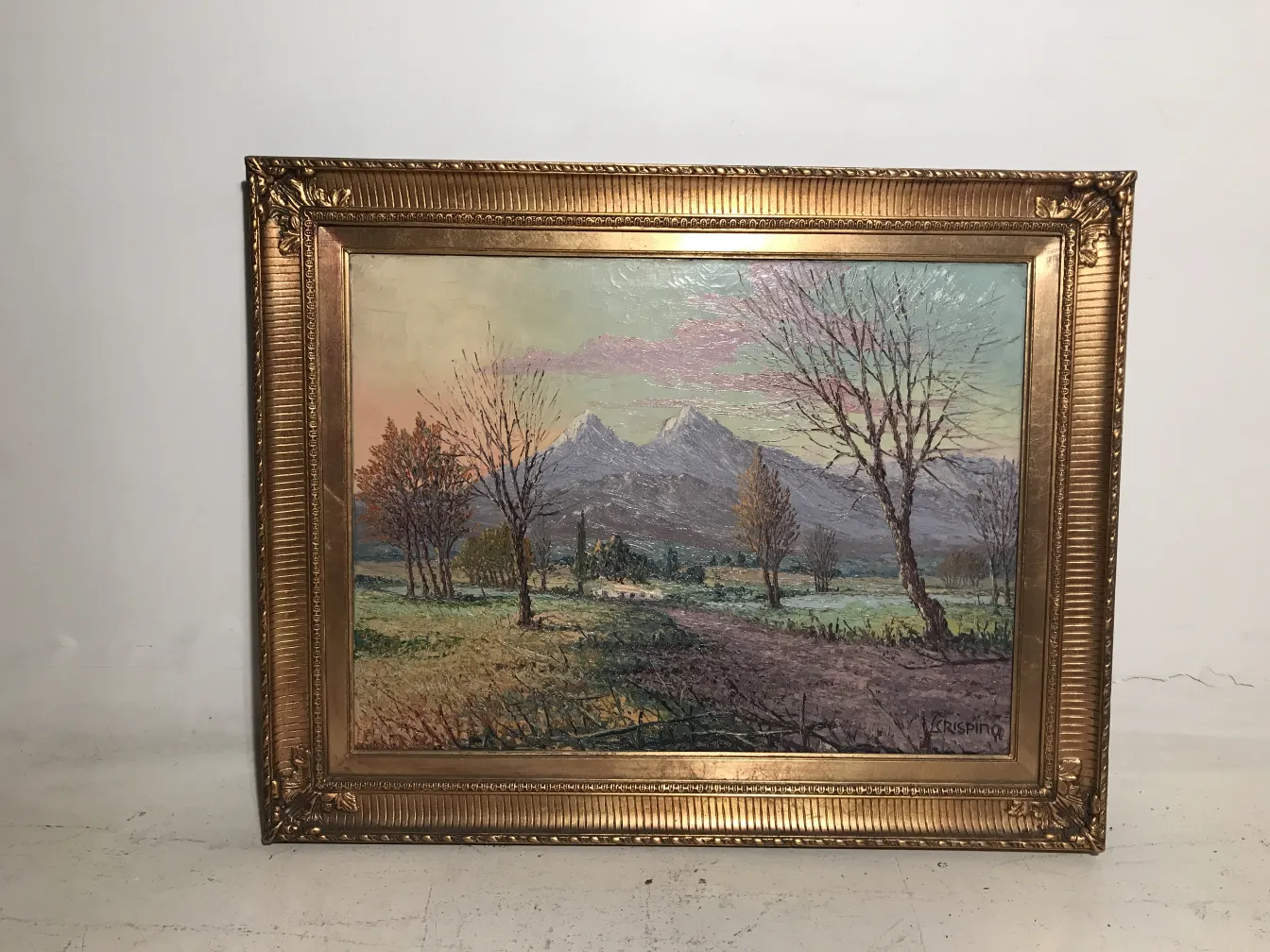 Antique painting by Crispino featuring mountainous landscape and trees