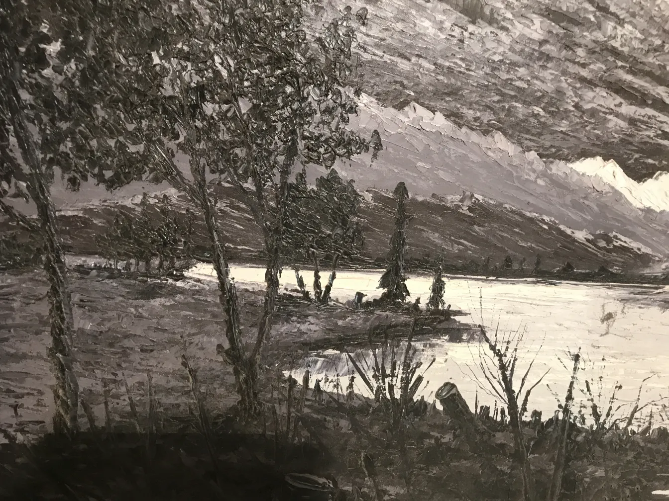 pintura antigua Crispino de paisaje natural en tonos oscuros.