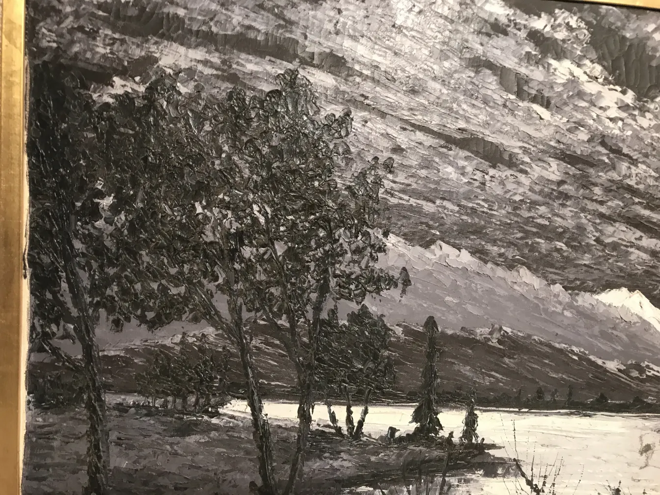 Dipinto Crispino in toni scuri, paesaggio con alberi e acqua