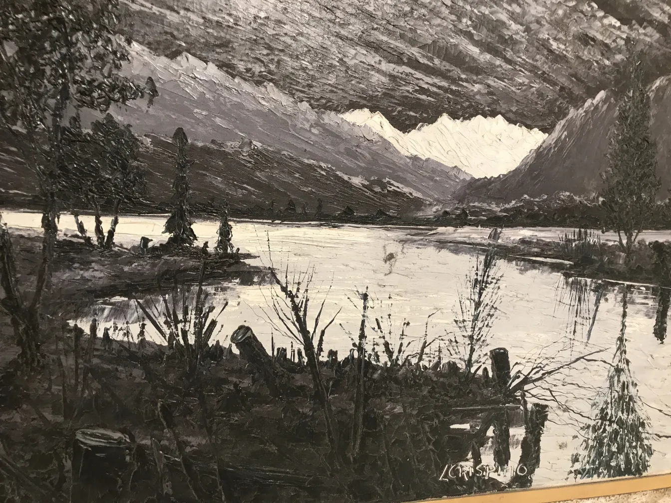 Antique Crispino painting, black and white landscape with mountains and lake.